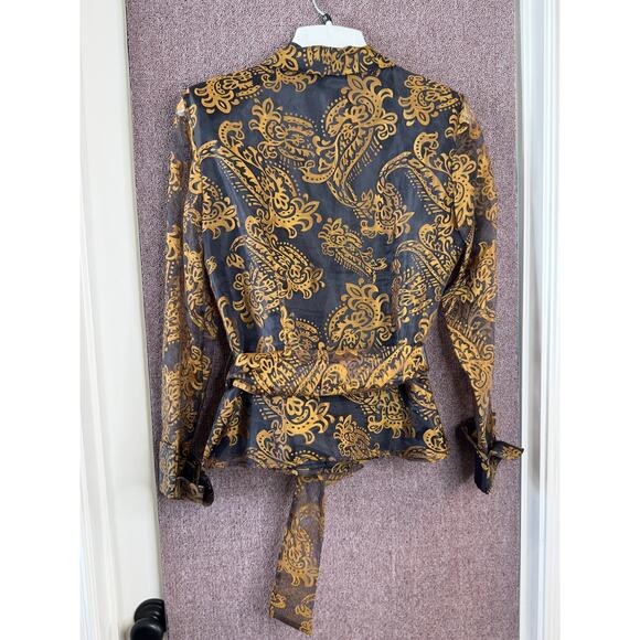 MKC Long Sheer Sleeve Button Up Belted Formal Semi Formal Blouse Medium - Picture 8 of 9